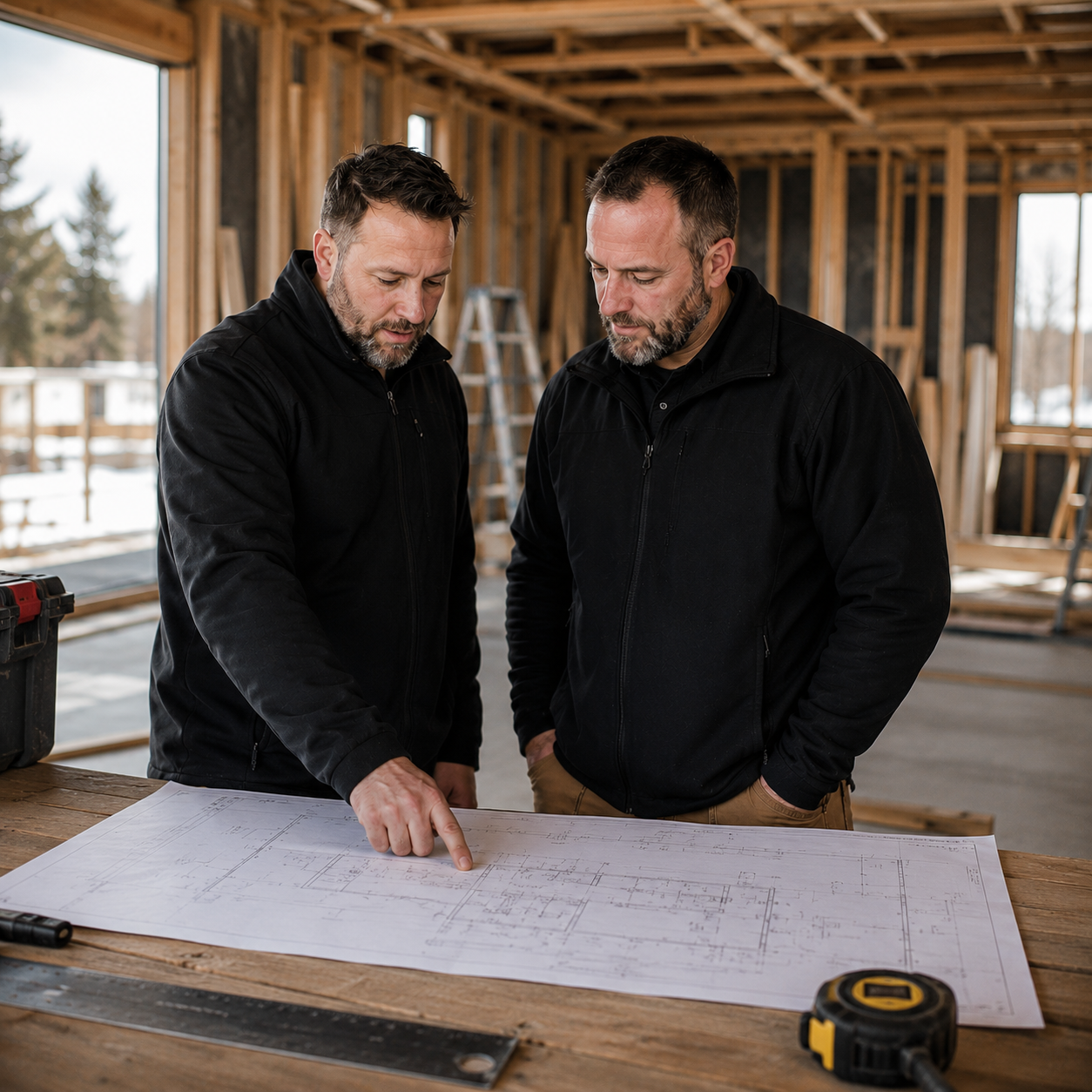 Khaled, Mathieu et Sean, fondateurs, sur un chantier résidentiel à Boisbriand